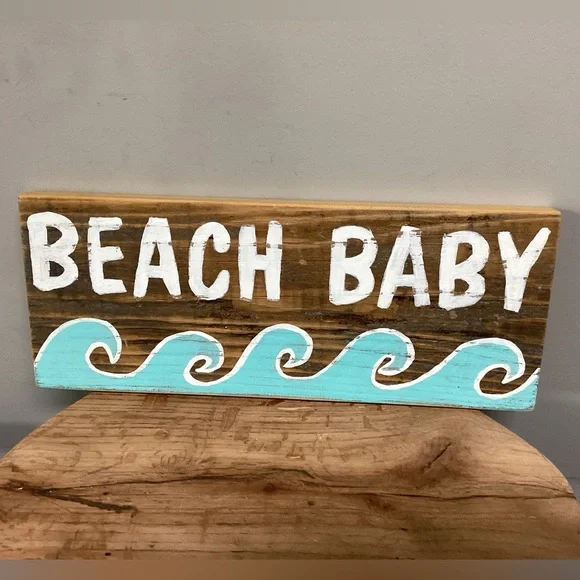 🔵 Vintage Hand Painted “Beach Baby” Solid Wood Crafted Sign - Unique - Picture 2 of 11
